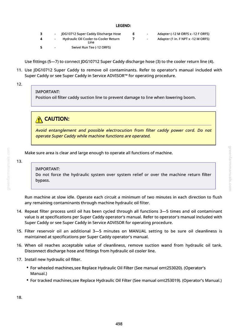 Op de afbeelding: Een pagina uit een handleiding met tekst en diagrammen over hydraulische oliefilters. De tekst bevat waarschuwingen en instructies voor het bedienen van machines, met metingen in cm.