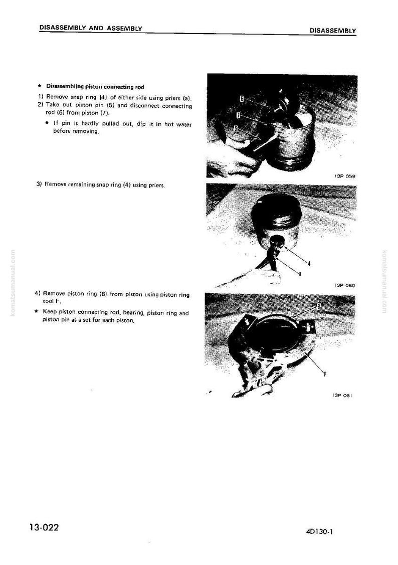 May include: Black and white technical diagram illustrating the disassembly of a piston connecting rod. The diagram includes numbered steps and labels, with close-up images of the process. Text includes "Disassembly and Assembly" and "13-022".