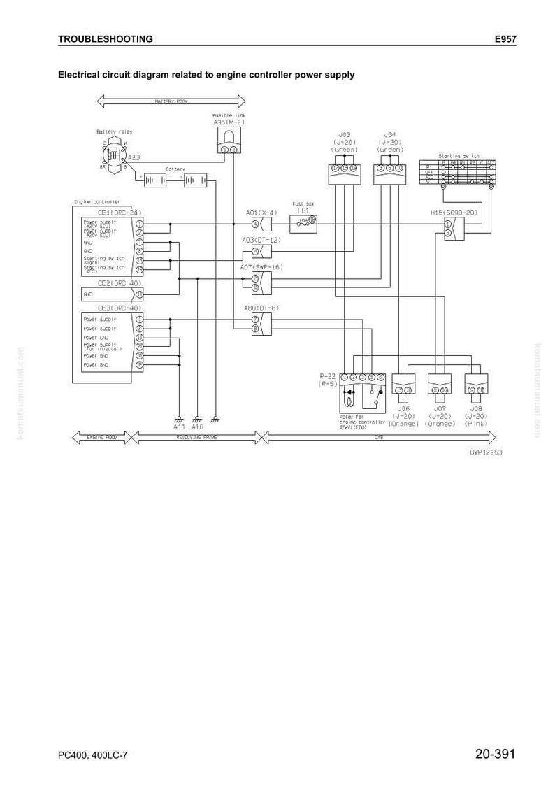 Puede incluir: Un diagrama de circuito el&eacute;ctrico relacionado con la fuente de alimentaci&oacute;n del controlador del motor. El diagrama incluye componentes como un rel&eacute; de bater&iacute;a, el controlador del motor y varios conectores. El texto incluye "Soluci&oacute;n de problemas" y "Diagrama de circuito el&eacute;ctrico relacionado con la fuente de alimentaci&oacute;n del controlador del motor."