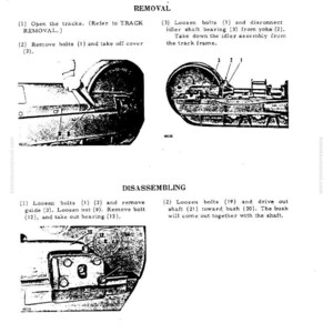 Pu&ograve; includere: Schema dei rulli anteriori del sottocarro con istruzioni di rimozione e smontaggio. Include illustrazioni di bulloni, cuscinetti e altri componenti. Il testo include i passaggi per la rimozione e lo smontaggio.