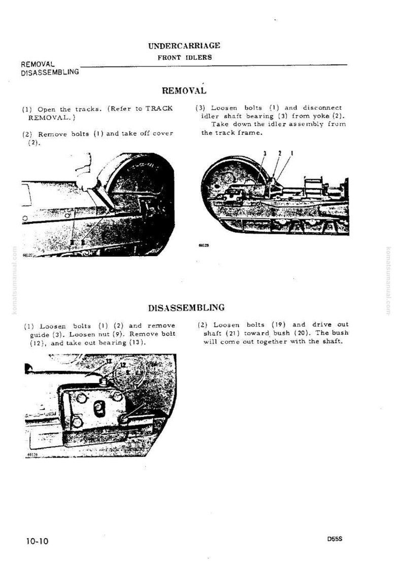 Pu&ograve; includere: Schema dei rulli anteriori del sottocarro con istruzioni di rimozione e smontaggio. Include illustrazioni di bulloni, cuscinetti e altri componenti. Il testo include i passaggi per la rimozione e lo smontaggio.