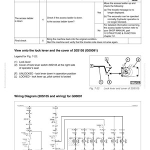 May include: A technical diagram from a Komatsu manual, detailing troubleshooting steps for the G00091 pilot control cut out. Includes a wiring diagram and illustrations of lock levers and covers, with text in English.