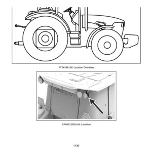May include: Line drawing of a tractor, with a detailed view of the cab interior. The image includes labels: PY14183-UN: Location Overview and CPA0012055-UN: Location. The number 1130 is at the bottom.