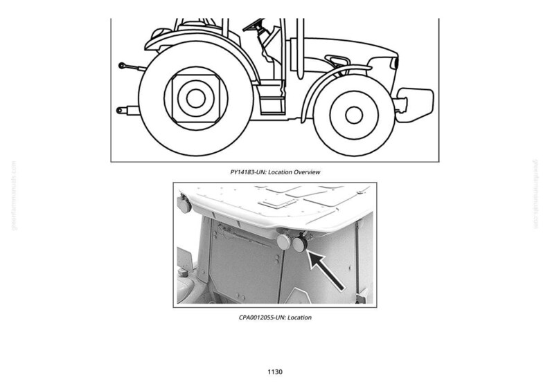 May include: Line drawing of a tractor, with a detailed view of the cab interior. The image includes labels: PY14183-UN: Location Overview and CPA0012055-UN: Location. The number 1130 is at the bottom.