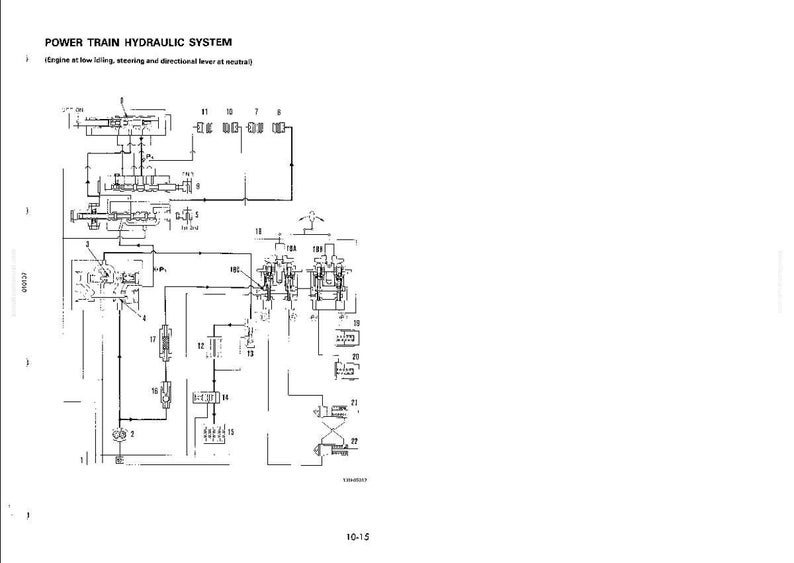 May include: A detailed black and white diagram of a power train hydraulic system. The text "POWER TRAIN HYDRAULIC SYSTEM" is at the top, with additional text below. The diagram includes various components and lines.