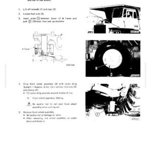 May include: A technical diagram titled "Removal of Front Wheel Assembly" with illustrations and instructions. The image includes diagrams of machinery components, with text and numbered steps for disassembly and maintenance.
