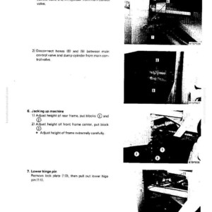 K&ouml;nnte beinhalten: Eine Seite aus einem Handbuch mit Anweisungen f&uuml;r Hydraulikrohre, das Anheben einer Maschine und das Absenken eines Scharnierstifts. Der Text ist auf Englisch, mit Diagrammen und nummerierten Schritten. Das Modell ist WA70-1.