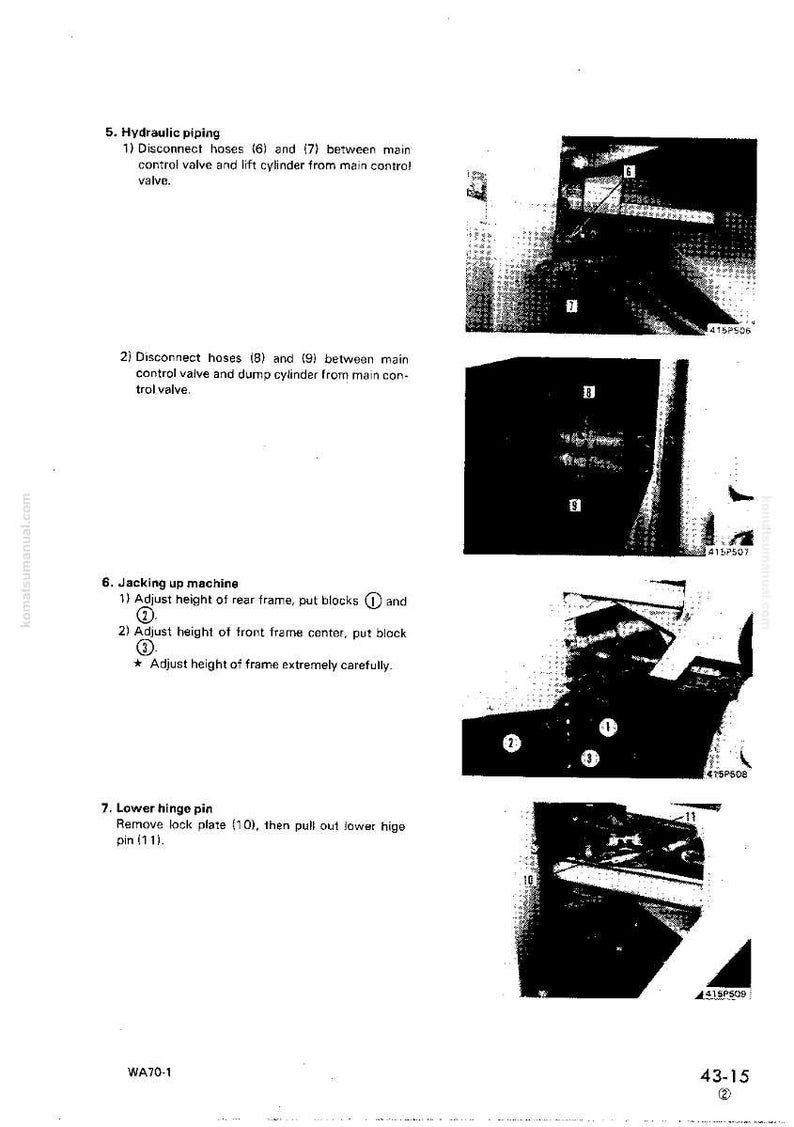 K&ouml;nnte beinhalten: Eine Seite aus einem Handbuch mit Anweisungen f&uuml;r Hydraulikrohre, das Anheben einer Maschine und das Absenken eines Scharnierstifts. Der Text ist auf Englisch, mit Diagrammen und nummerierten Schritten. Das Modell ist WA70-1.