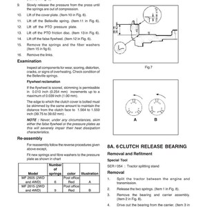 May include: A page from a workshop service manual for MF 2605 and MF 2615 tractors. The manual details clutch release bearing removal and refitment, including diagrams and specifications. The text includes measurements in inches.
