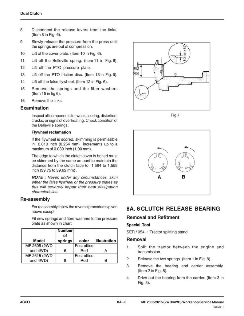May include: A page from a workshop service manual for MF 2605 and MF 2615 tractors. The manual details clutch release bearing removal and refitment, including diagrams and specifications. The text includes measurements in inches.