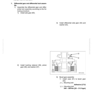 May include: A technical diagram showing the disassembly and assembly of mechanical components. The image includes numbered steps, part names, and diagrams for processes like installing gears and washers. Text includes measurements in Nm and kgm.
