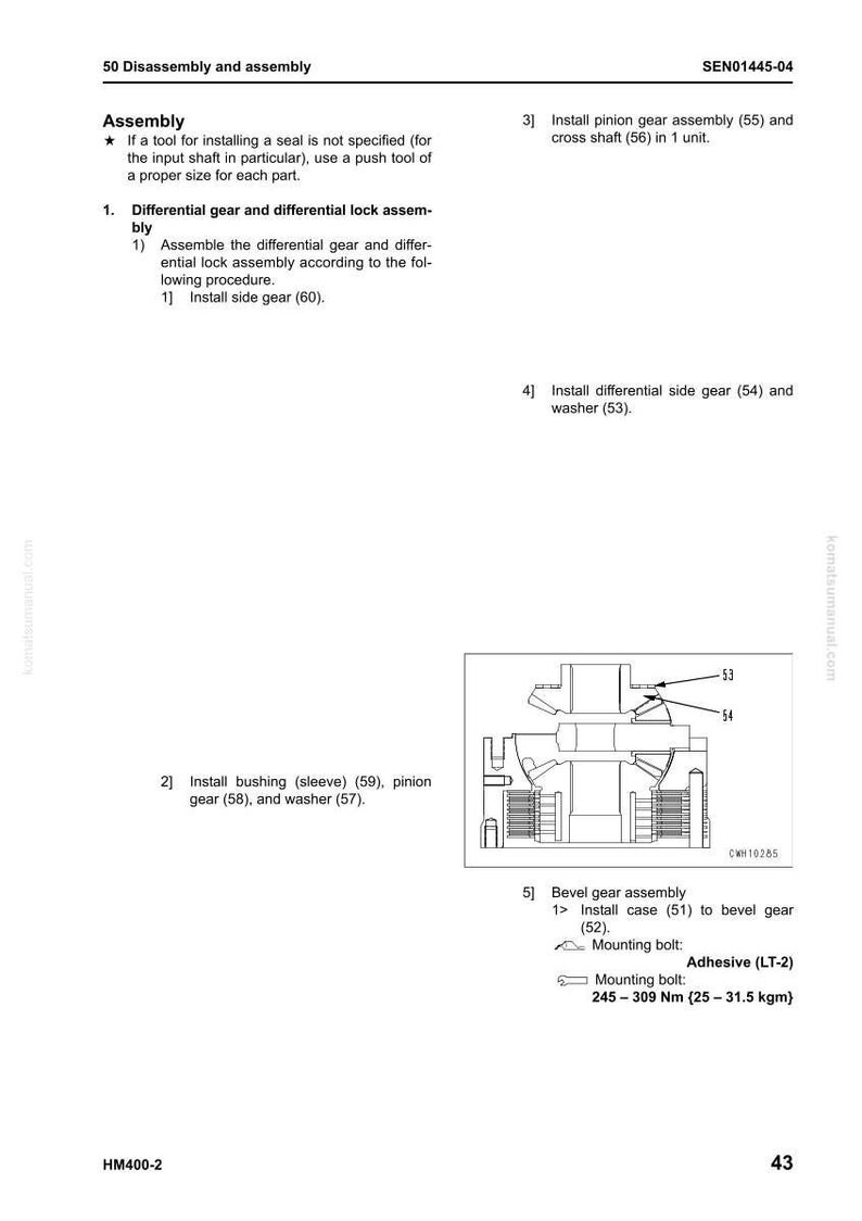 May include: A technical diagram showing the disassembly and assembly of mechanical components. The image includes numbered steps, part names, and diagrams for processes like installing gears and washers. Text includes measurements in Nm and kgm.