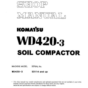 Puede incluir: Manual de taller blanco para un compactador de suelo Komatsu WD420-3. La portada muestra el texto "SHOP MANUAL" en negrita, con el logotipo de Komatsu y la informaci&oacute;n del modelo.