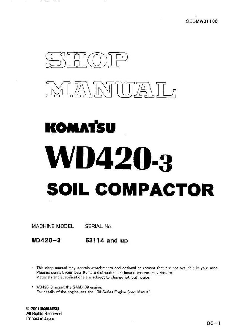 Puede incluir: Manual de taller blanco para un compactador de suelo Komatsu WD420-3. La portada muestra el texto "SHOP MANUAL" en negrita, con el logotipo de Komatsu y la informaci&oacute;n del modelo.