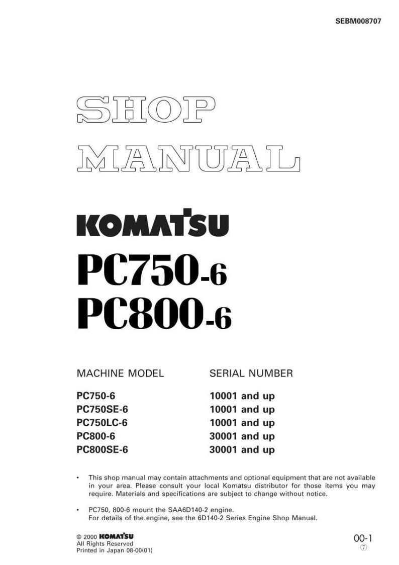 May include: A white shop manual with the text "SHOP MANUAL" at the top. The Komatsu logo is displayed, followed by "PC750-6 PC800-6". The manual lists machine models and serial numbers. The document is printed in Japan.