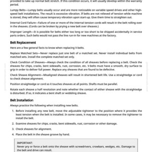 May include: A manual page titled "Defective Belts" detailing issues with belts, including excessive stretch and lumpy belts. It provides guidance on belt replacement, sheave alignment, and belt installation, with text and numbered points.