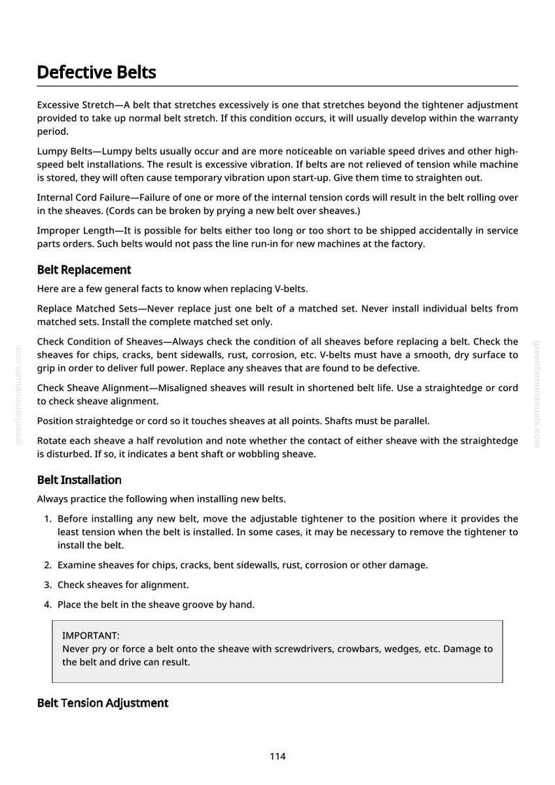 May include: A manual page titled "Defective Belts" detailing issues with belts, including excessive stretch and lumpy belts. It provides guidance on belt replacement, sheave alignment, and belt installation, with text and numbered points.