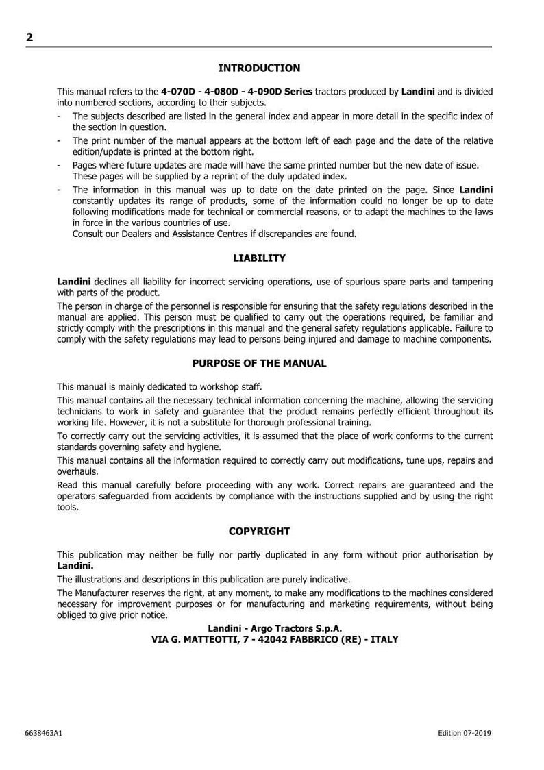 May include: A printed manual page with the number 2 at the top. The text includes an introduction to Landini tractors, liability information, and copyright details. The manual is for workshop staff and includes safety regulations. The edition date is 07-2019.