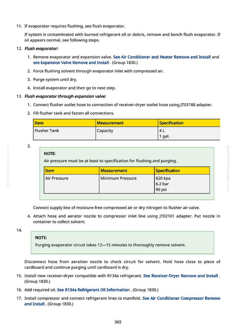 May include: A page from a manual with instructions for flushing an evaporator. The text includes steps, measurements, and specifications for air pressure and flusher tank capacity, with a capacity of 1 gallon.
