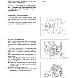 Pu&ograve; includere: Diagramma del metodo di regolazione della fasatura dell'iniezione, con testo e illustrazioni. Include istruzioni per l'allineamento dei segni e i metodi di misurazione, con diagrammi dei componenti del motore.