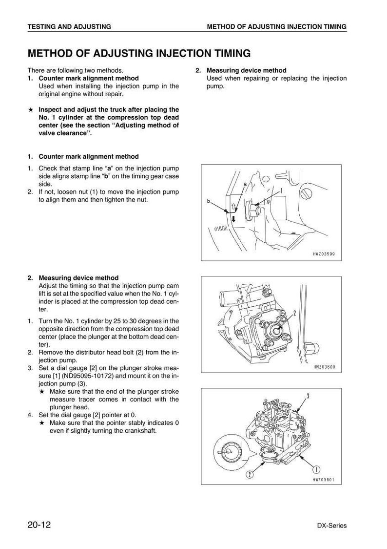 Pu&ograve; includere: Diagramma del metodo di regolazione della fasatura dell'iniezione, con testo e illustrazioni. Include istruzioni per l'allineamento dei segni e i metodi di misurazione, con diagrammi dei componenti del motore.