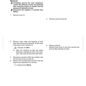 K&ouml;nnte beinhalten: Eine Seite aus einem Handbuch, die den Aus- und Einbau einer Hydraulik&ouml;lk&uuml;hlerbaugruppe beschreibt. Der Text enth&auml;lt Anweisungen, Warnhinweise und Ma&szlig;e in Kilogramm und Litern. Die Seite tr&auml;gt die Bezeichnung "50 Demontage und Montage."