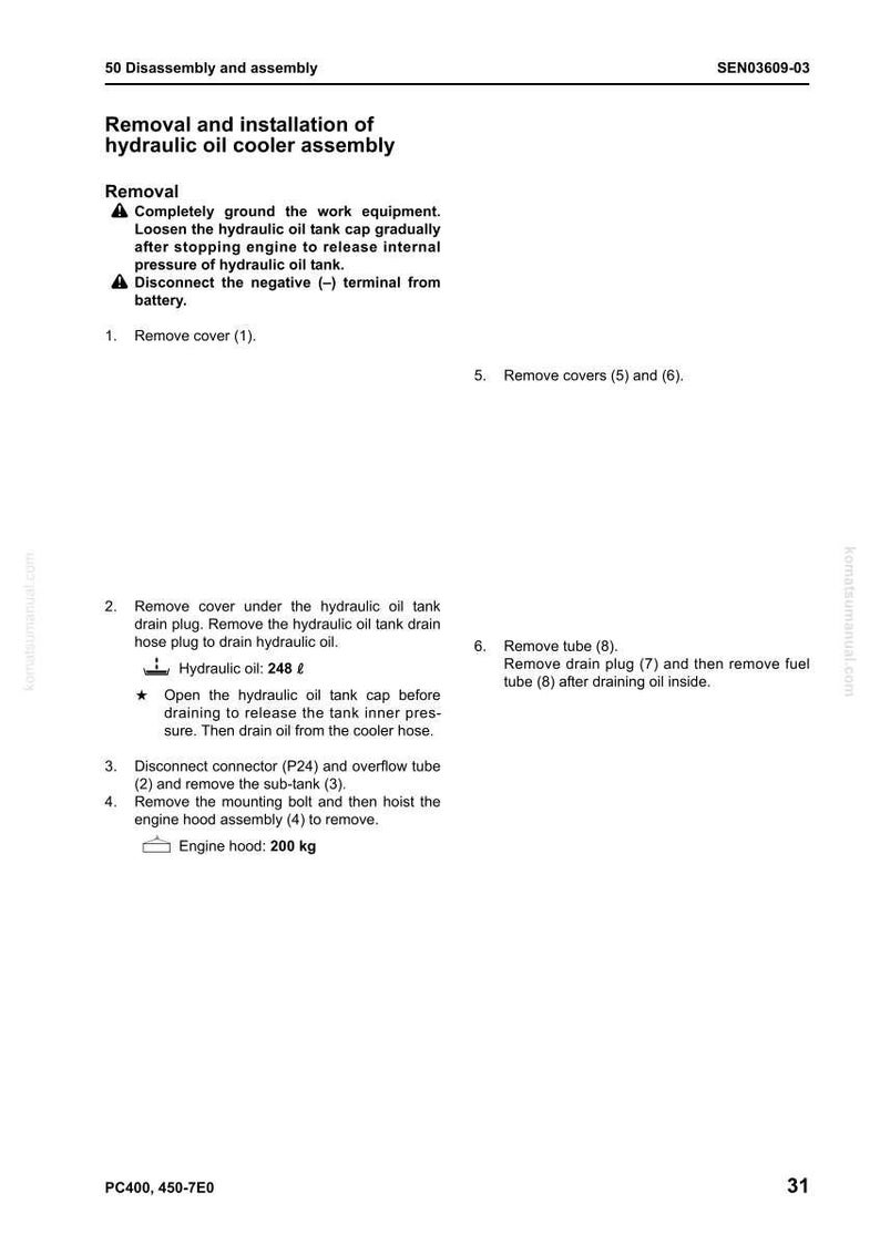 K&ouml;nnte beinhalten: Eine Seite aus einem Handbuch, die den Aus- und Einbau einer Hydraulik&ouml;lk&uuml;hlerbaugruppe beschreibt. Der Text enth&auml;lt Anweisungen, Warnhinweise und Ma&szlig;e in Kilogramm und Litern. Die Seite tr&auml;gt die Bezeichnung "50 Demontage und Montage."