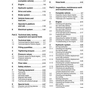 May include: A detailed contents page from a Weidemann manual, featuring sections on safety, engine, hydraulic systems, and testing equipment. The document includes technical data, pressure values, and troubleshooting guides.