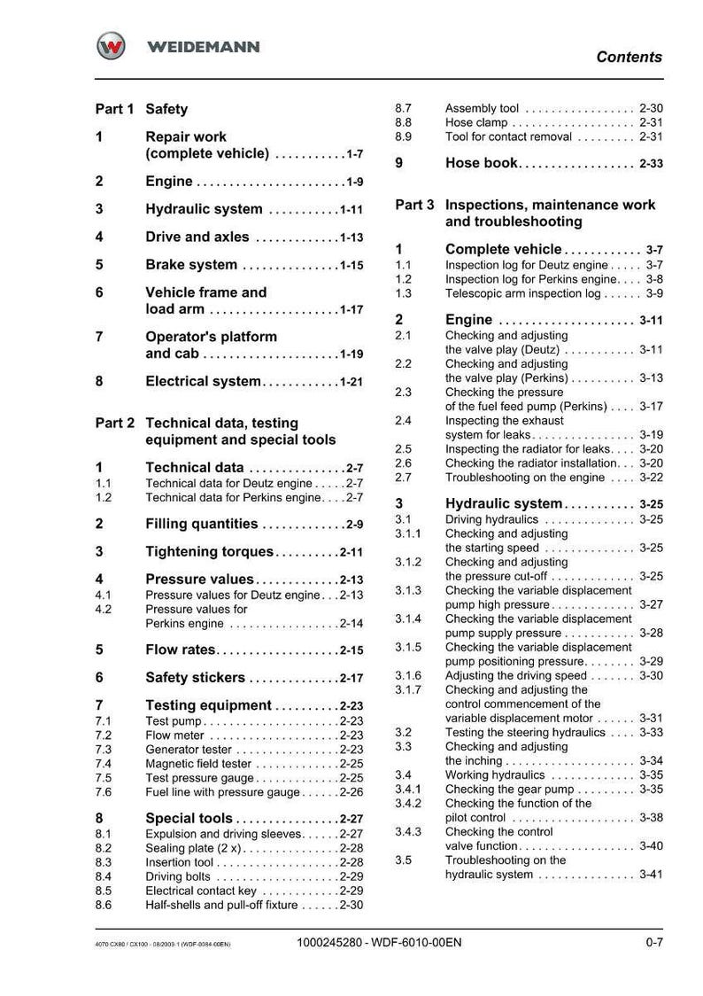 May include: A detailed contents page from a Weidemann manual, featuring sections on safety, engine, hydraulic systems, and testing equipment. The document includes technical data, pressure values, and troubleshooting guides.