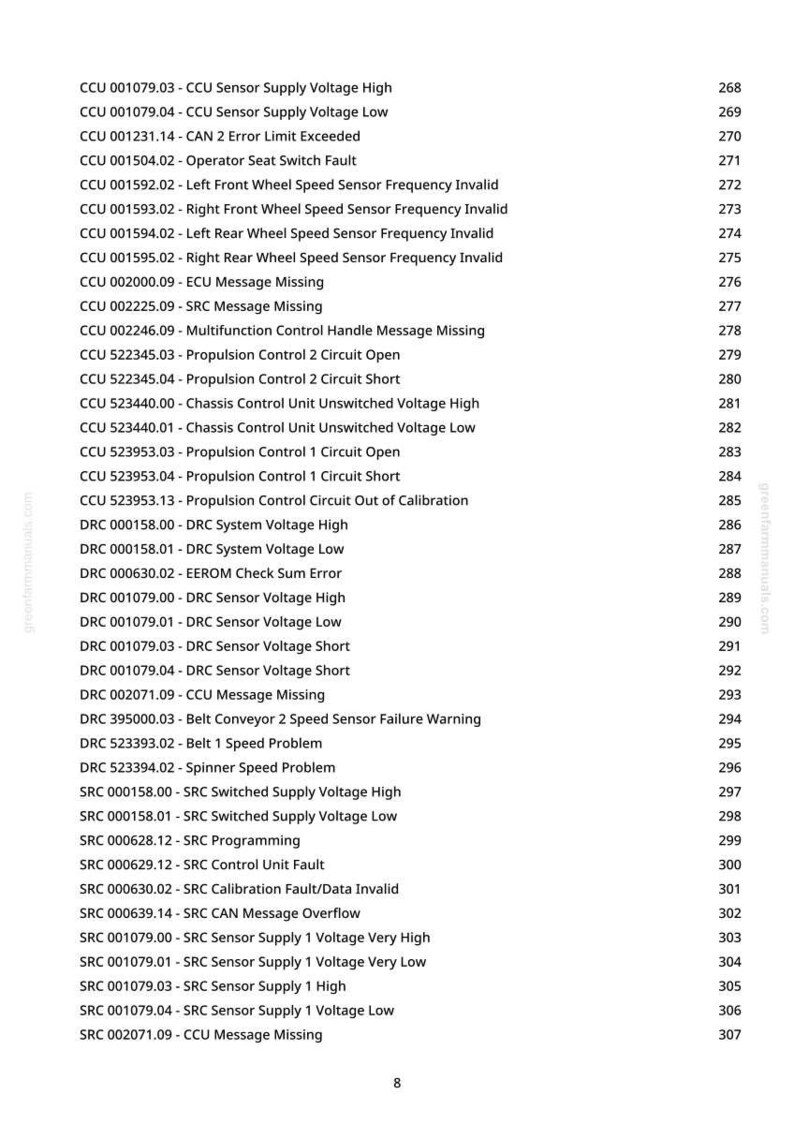 May include: A white page with a list of diagnostic codes and their corresponding descriptions. The codes include CCU, DRC, and SRC codes, such as "CCU Sensor Supply Voltage High" and "SRC Programming". The page also includes a website address and page numbers.