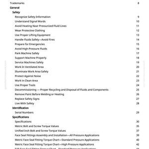 May include: A white page titled "Table of Contents" from a manual. The table lists safety topics, including "Wear Protective Clothing" and "Avoid High-Pressure Fluids." Also included are specifications and identification topics.