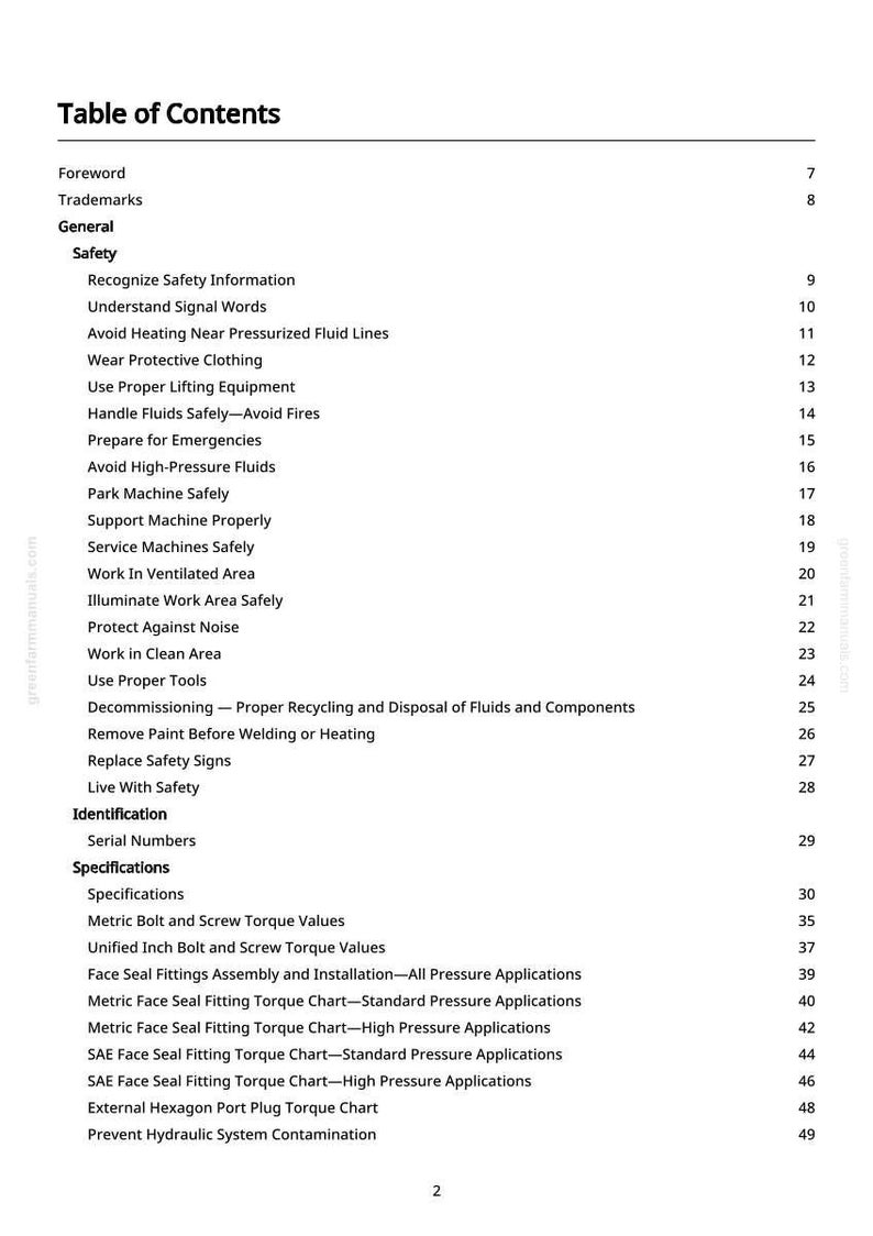 May include: A white page titled "Table of Contents" from a manual. The table lists safety topics, including "Wear Protective Clothing" and "Avoid High-Pressure Fluids." Also included are specifications and identification topics.
