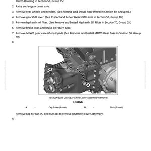 May include: Diagram of a gear-shift cover assembly removal, with labels for cap screws and nuts. The image is from a manual and includes text instructions for removing the transmission housing.