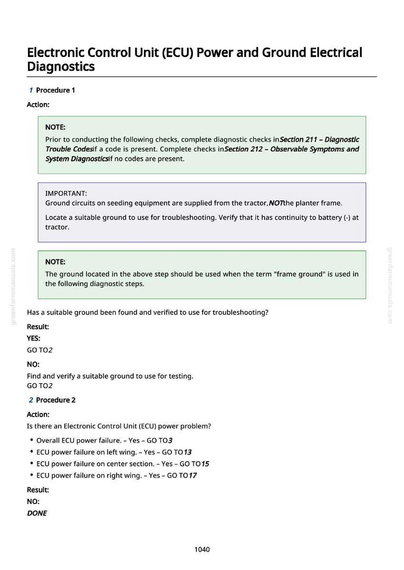 Op de afbeelding: Een diagnostisch document getiteld "Electronic Control Unit (ECU) Power and Ground Electrical Diagnostics." Het document biedt stappen voor probleemoplossing, inclusief het controleren op diagnostische foutcodes en waarneembare symptomen. Bevat notities en procedures.