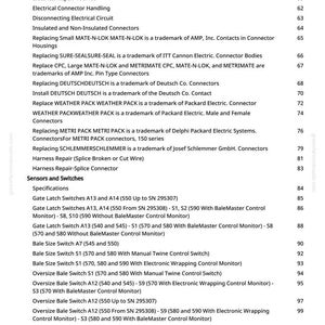 May include: A printed page from a manual detailing electrical system components, connectors, sensors, and switches. The text includes specifications, trademarks, and part numbers for various electrical components.