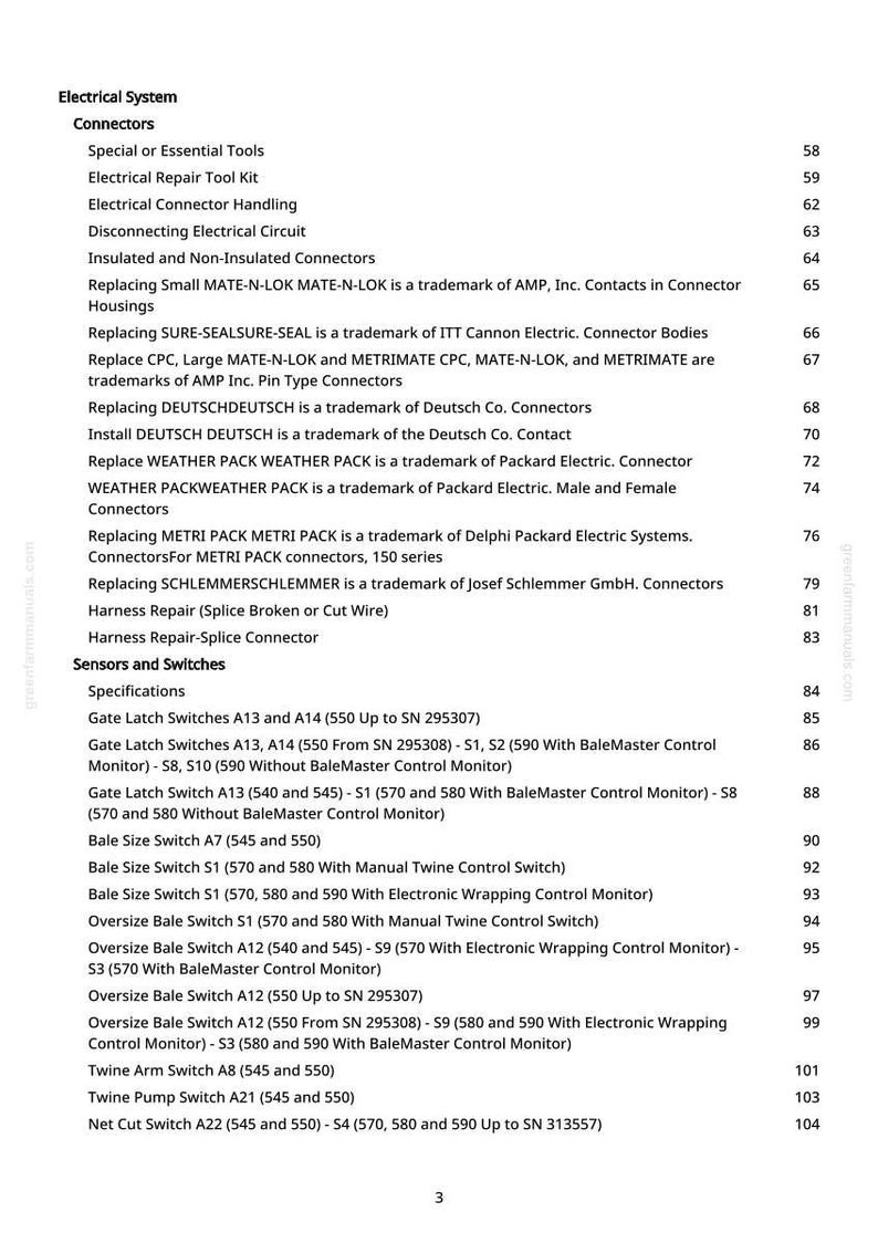 May include: A printed page from a manual detailing electrical system components, connectors, sensors, and switches. The text includes specifications, trademarks, and part numbers for various electrical components.