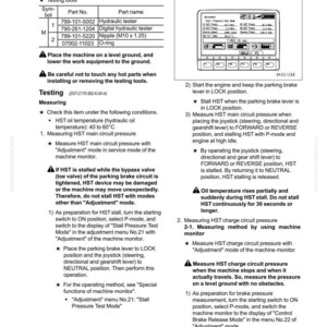 Pu&ograve; includere: Una pagina di manuale che illustra i test e la regolazione della pressione dell'olio HST. Include diagrammi, numeri di parte e istruzioni per la manutenzione della macchina, con testo in bianco e nero.