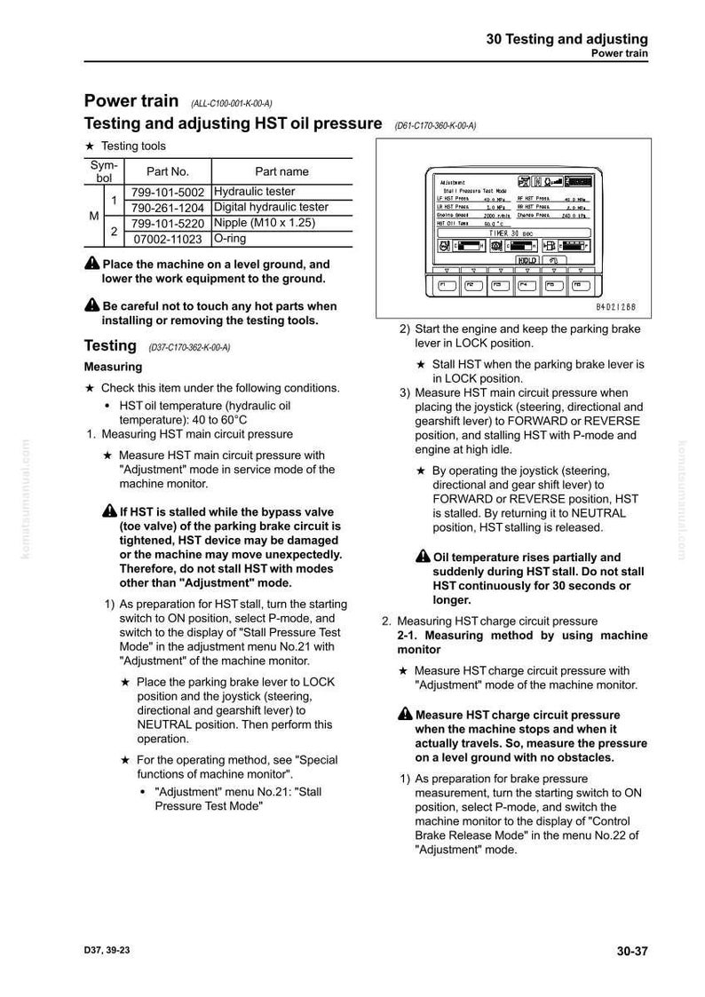 Pu&ograve; includere: Una pagina di manuale che illustra i test e la regolazione della pressione dell'olio HST. Include diagrammi, numeri di parte e istruzioni per la manutenzione della macchina, con testo in bianco e nero.