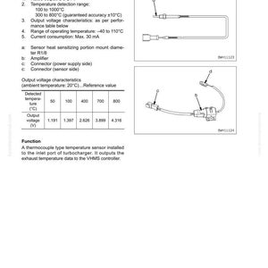 May include: Diagram of an exhaust temperature sensor and amplifier, with specifications including temperature range from 100 to 1000&deg;C. The image includes a table of output voltage characteristics and a diagram of the sensor.
