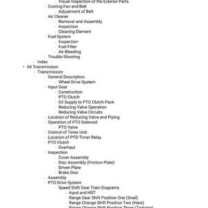 May include: A detailed list of mechanical components and procedures, including "Removal and Assembly," "Fuel System," and "Transmission." The text is in black font on a white background, providing a clear and organized layout for technical reference.
