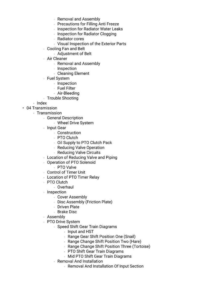May include: A detailed list of mechanical components and procedures, including "Removal and Assembly," "Fuel System," and "Transmission." The text is in black font on a white background, providing a clear and organized layout for technical reference.
