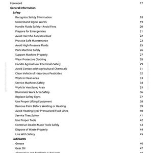 May include: A detailed table of contents from a manual, with a white background and black text. The table lists safety topics, including handling fluids, avoiding asbestos, and using proper tools. Page numbers are on the right.