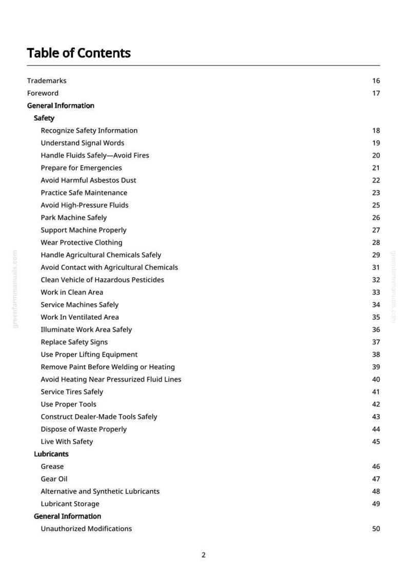 May include: A detailed table of contents from a manual, with a white background and black text. The table lists safety topics, including handling fluids, avoiding asbestos, and using proper tools. Page numbers are on the right.