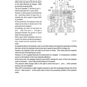May include: Technical diagram of a hydraulic system component, with internal workings visible. The cross-section shows chambers, valves, and a spool (223). Text labels identify key elements, including a stopper (295) and spring (228). Measurements are not applicable.