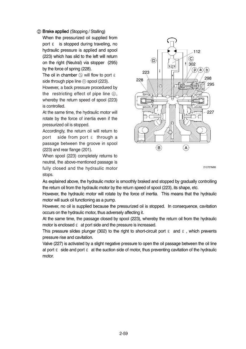 May include: Technical diagram of a hydraulic system component, with internal workings visible. The cross-section shows chambers, valves, and a spool (223). Text labels identify key elements, including a stopper (295) and spring (228). Measurements are not applicable.