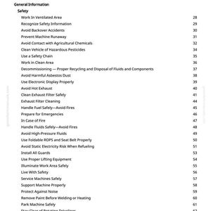 May include: A white page titled "Table of Contents" with a list of safety topics. The topics include "Work in Ventilated Area", "Avoid Backover Accidents", and "Handle Fuel Safely-Avoid Fires". The page number 2 is at the bottom.