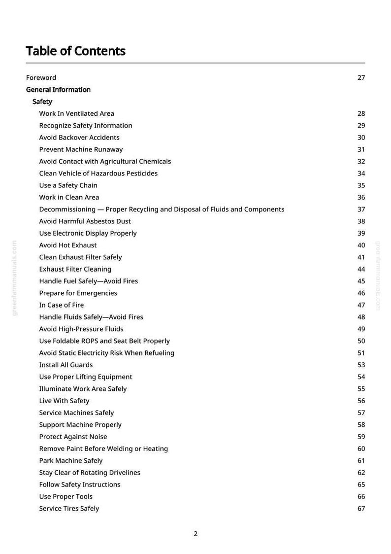 May include: A white page titled "Table of Contents" with a list of safety topics. The topics include "Work in Ventilated Area", "Avoid Backover Accidents", and "Handle Fuel Safely-Avoid Fires". The page number 2 is at the bottom.
