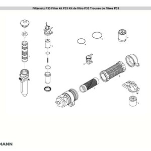 May include: An exploded diagram of a P33 filter kit, with various components including filters, housings, and seals. The image is in black and white, with the Weidemann logo at the bottom.