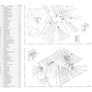 Puede incluir: Diagramas t&eacute;cnicos detallados de componentes de maquinaria pesada, incluyendo un brazo de excavadora, cabina y conjunto motor. Los diagramas est&aacute;n etiquetados con n&uacute;meros y l&iacute;neas, proporcionando una vista completa de las piezas y sus conexiones.