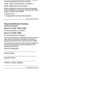 Pode incluir: Um documento branco intitulado "Identifica&ccedil;&atilde;o do Produto" com detalhes sobre modelos de cortadores de grama, n&uacute;meros de s&eacute;rie e kits de eleva&ccedil;&atilde;o opcionais. Inclui espa&ccedil;os para registrar a data da compra, o nome do revendedor, o telefone e o n&uacute;mero de s&eacute;rie do produto.